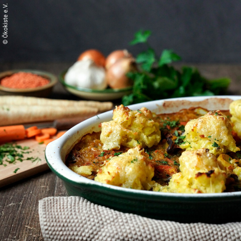 Pastinaken-Möhren-Linsen Auflauf